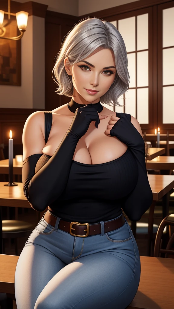 mature woman, woman, Big breasts, huge breasts, huge breasts, mature woman, heavy chest, short hair, (silver hair), fair-skinned woman, orange eyes, big ass, Curved waist, Chest placed on the table, Put your chin on your hand, Shoulder on the table, view viewer, Bra edge of sweater, Sensual neckline, Breast augmentation, chest bigger than head, Face Madura, curvaceous woman, thick thighs, sensual woman, Black belt, Delicate gloves, Brass strap appeared, soft chest, woman focus, mom&#39;s chest, mom, attractive look, impressive woman, high-waisted jeans, Fabric sweater, Bullying with, Sitting on a chair in a restaurant, meeting, first person perspective, In the presence of suitors, Bobo's smile, Mind on the head, Dishes with food on the table, Candle lighting, In an elegant restaurant, Glass of wine on the side, Sitting in front of the viewer, (Sitting at a table in a restaurant), upper body shot, Partially visible body, Crowded restaurant in the background, romantic mood, silver hair, black hair
