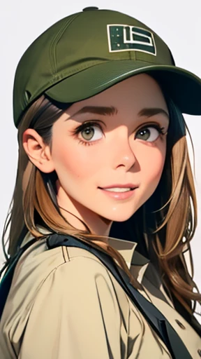 highest quality、realistic、Japanese、girl、zoom、upward glance、cute、gray eyes、long hair、chestnut hair、city、Large khaki green baseball cap、Wear a cap low on your eyes、Khaki green shirt、All the buttons on my shirt are undone、black cut and sew、joy、grin、close up face