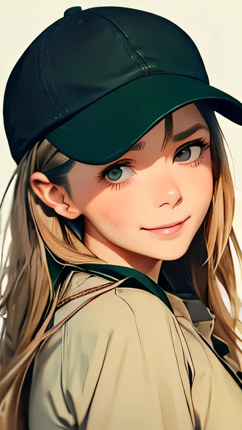 highest quality、realistic、japanese、girl、zoom、upward glance、cute、gray eyes、long hair、chestnut hair、city、large khaki green basebal...