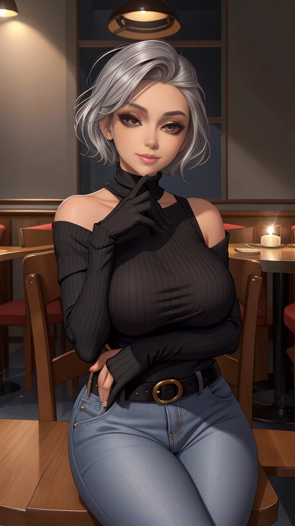 mature woman, woman, Big breasts, huge breasts, huge breasts, mature woman, heavy chest, short hair, (silver hair), fair-skinned woman, orange eyes, big ass, Curved waist, Chest placed on the table, Put your chin on your hand, Shoulder on the table, view viewer, Bra edge of sweater, Sensual neckline, Breast augmentation, chest bigger than head, Face Madura, curvaceous woman, thick thighs, sensual woman, Black belt, Delicate gloves, Brass strap appeared, soft chest, woman focus, mom&#39;s chest, mom, attractive look, impressive woman, high-waisted jeans, Fabric sweater, Bullying with, Sitting on a chair in a restaurant, meeting, first person perspective, In the presence of suitors, Bobo's smile, Mind on the head, Dishes with food on the table, Candle lighting, In an elegant restaurant, Glass of wine on the side, Sitting in front of the viewer, (Sitting at a table in a restaurant), upper body shot, Partially visible body, Crowded restaurant in the background, romantic mood, silver hair, black hair
