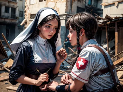 A young nun administers first aid to an injured person at a disaster site