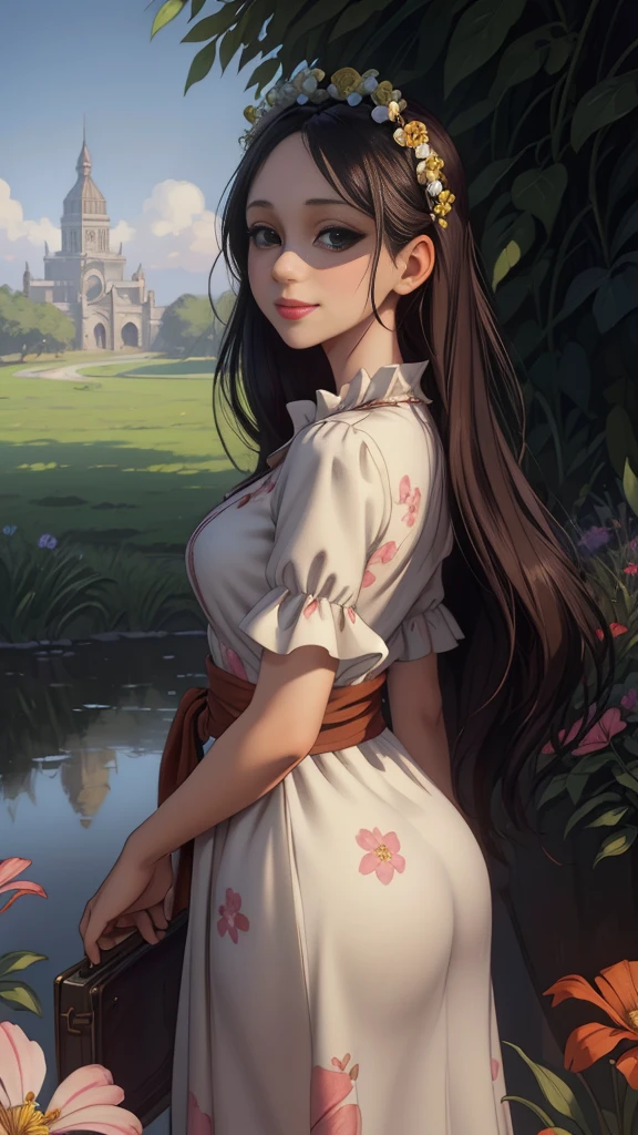 Adorable, mature Woman,detailed big-eyed woman, round face. promenent red lips. Smileing,In the garden, large ass, wearing a cute floral sun dress. flower crown, Flower belt draped around waist. Picture from the side,looking at the scenes, intense colors, Very valuable details, complex details, volumetric lighting, digital art, 8k, trending on Artstation, Clear focus, complex details, highly detail, Greg Rutkowski Big Eyes, high-resolution, Black hair. Molly Quinn, attractive chest, .Photorealistic. Confidence, self esteem, assertiveness, dominance. wide Amused smile. Sultry expression.
