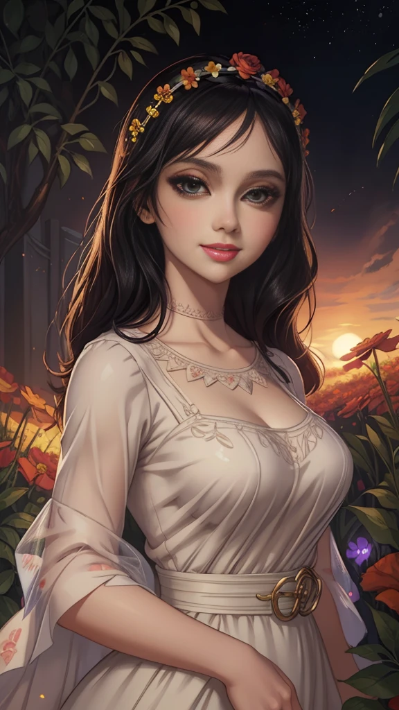 Adorable, mature Woman,detailed big-eyed woman, round face. promenent red lips. Smileing,In the garden, large ass, wearing a cute floral sun dress. flower crown, Flower belt draped around waist. Picture from the side,looking at the scenes, intense colors, Very valuable details, complex details, volumetric lighting, digital art, 8k, trending on Artstation, Clear focus, complex details, highly detail, Greg Rutkowski Big Eyes, high-resolution, Black hair. Molly Quinn, attractive chest, .Photorealistic. Confidence, self esteem, assertiveness, dominance. wide Amused smile. Sultry expression.
