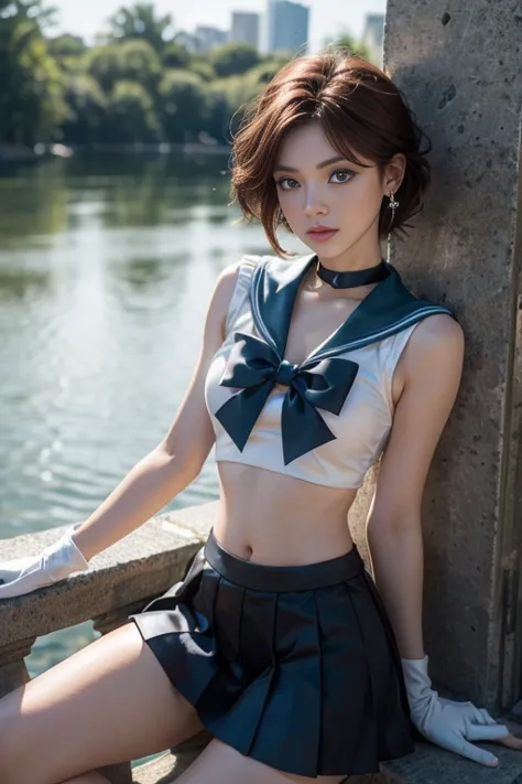 close up， 1 girl， sailor neptune， （sailor senshi：1.2）， （aqua eyes：0.9），（ Dark red hair1.2｝， short hair， Wedge skirt， best qualit...