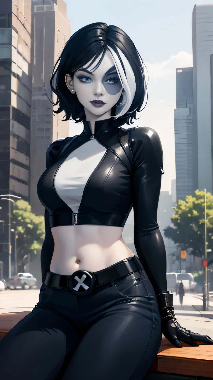 (Highly quality, masterpiece, detailed), city detailed scenario, city detailed background, solo, 1 woman, black hair, white hair highlight, marveldomino, colored skin, makeup, leather cropped top, sleeves, gloves, belt, belly button piercing, bite her lips, blue eyes, sitting on a bench, beautiful eyes, look at the viewer, Sexy pose 