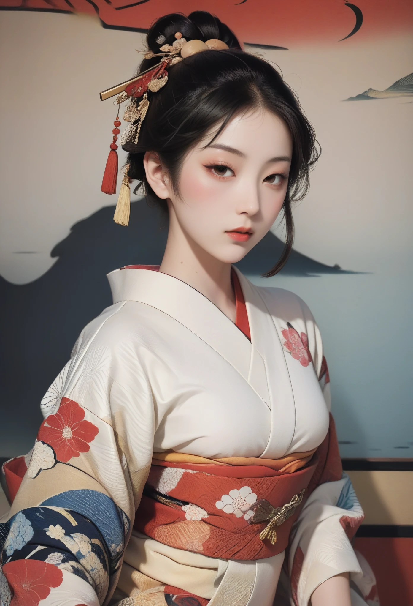 RBFSH,(masseter membrane、top quality、Ukiyo-e style、mystery、Exquisite and beautiful、official art、Sharaku:1.2)、(1 girl in:1.3)、(fractal art:1.3)、cowboy shooting、White skin、(beautiful brunette、kimono:1.2)、Set against the backdrop of traditional Japanese performing arts、rich and colorful、(Belongs to Japanese style:1.2)、glowing skin