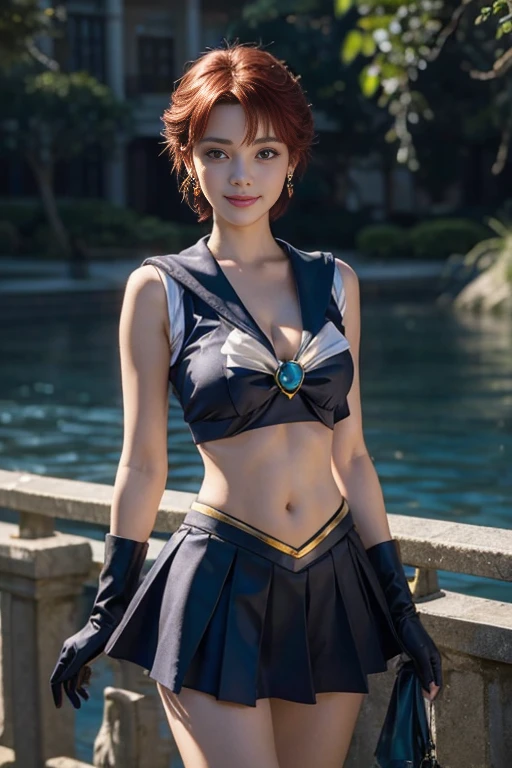 close up， 1 girl， sailor neptune， （sailor senshi：1.2）， （aqua eyes：0.9），（ Red hair 1.2｝， short hair， Wedge skirt， best quality， earrings， masterpiece， high resolution， intricate details， （Reality）， photography， （Black Elbow Gloves：1.1）， jewelry， medium breasts，cleavage:1.2， whole body， dynamic background，（ Dynamic Pose 0.8）(dynamic angle:1.4)，Super detailed face，Highly detailed and professional lighting，Smile，perfect hands