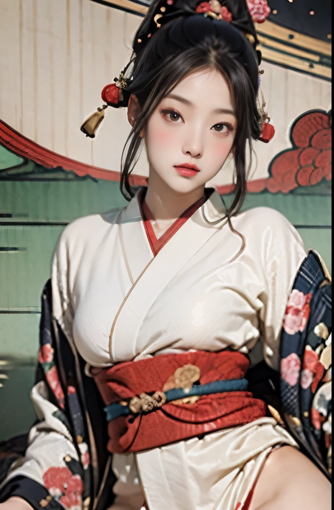 (membrana do masseter、qualidade máxima、Estilo Ukiyo-e、mistério、Requintado e lindo、arte oficial、Sharaku:1.2)、(1 garota em:1.3)、(arte fractal:1.3)、Tiro de vaqueiro、Pele branca、(bela morena、quimono:1.2)、Tendo como pano de fundo as artes cênicas tradicionais japonesas、rico e colorido、(Pertence ao estilo japonês:1.2)、pele brilhante、Abra suas pernas，camel