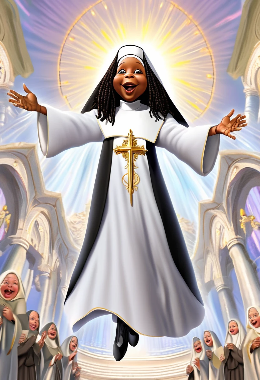 so many nuns singing songs happily\(SISTER ACT\)#quality(8k,wallpaper of extremely detailed CG unit, ​masterpiece,hight resolution,top-quality,top-quality real texture skin,hyper realisitic,increase the resolution,RAW photos,best qualtiy,highly detailed,the wallpaper),one nun in very front is Whoopi Goldberg\(SISTER ACT\):1.6,dynamic pose,#background(in the old temple)