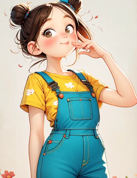 (masterpiece, best quality:1.2), number，cartoonish character design。1 girl, alone，big eyes，Cute expression，1 bun，Floral shirt，Ov...