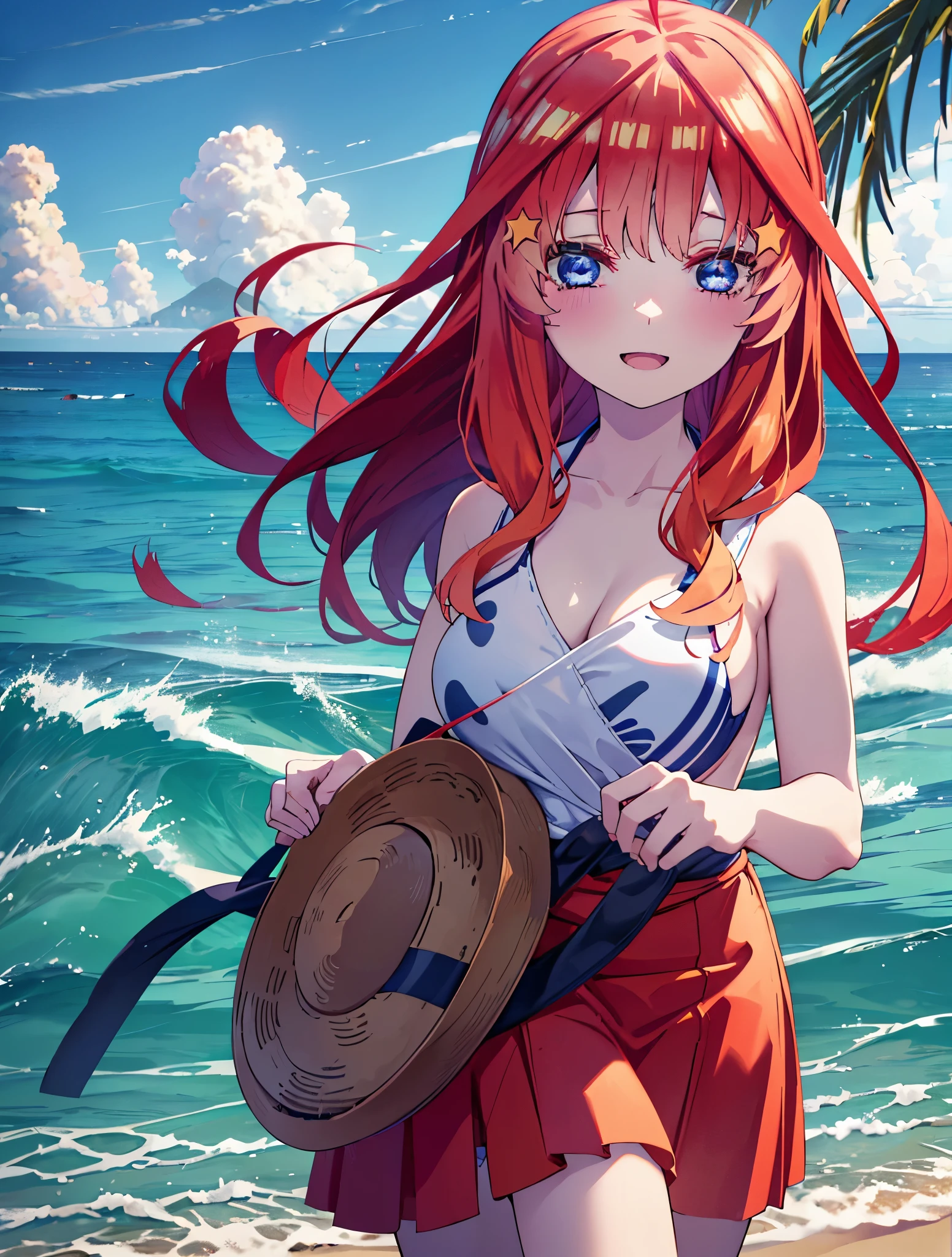 Anime girl with red hair and a hat on the beach - SeaArt AI