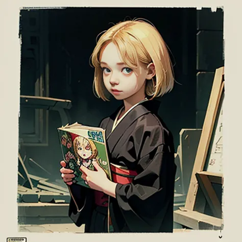 ((blonde bob-haired girl in black kimono))、((ruins)), ((punk band poster)),cartoon style, horror elements, comic book style illu...