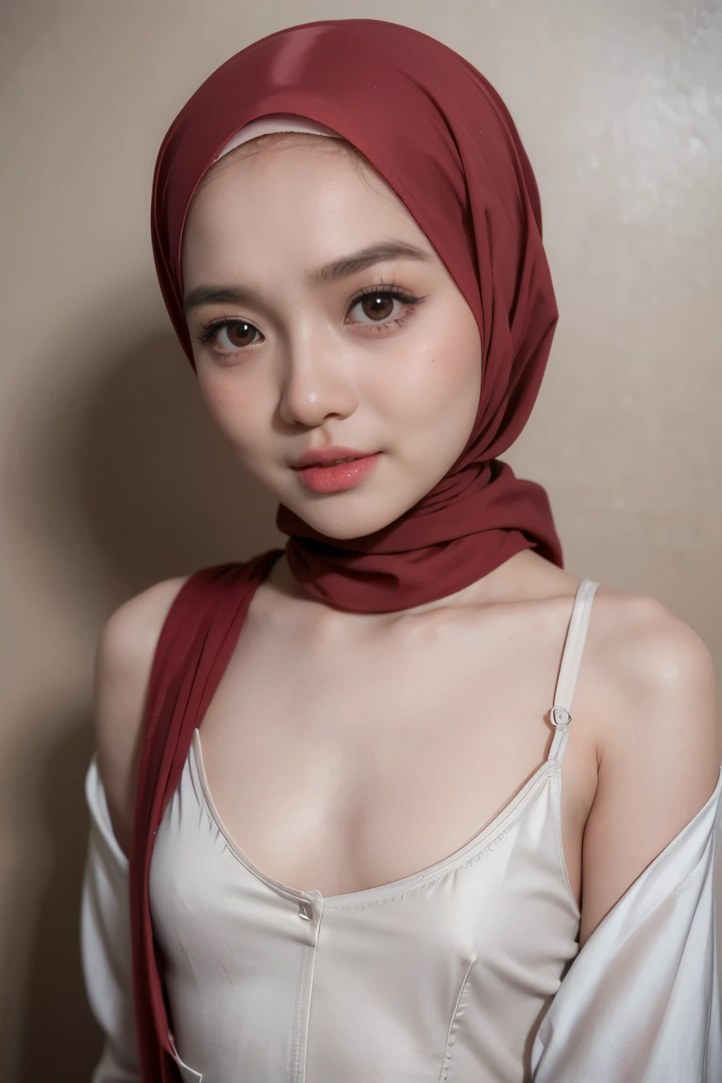  SUSPENDER,  (((HIJAB MALAY GIRL))), masutepiece, High quality, UHD 32K, Realistic face, Realistic skin feeling , A Japanese Lady, , , Very cute and baby-like face, (((FLAT CHEST))), (MATRIX WORLD), ((look In front  at the camera and SADNESS)), (((CUTE GIRL))), ((RED LIPS)), ((CHUBBY)), (undress, heavy breasts 