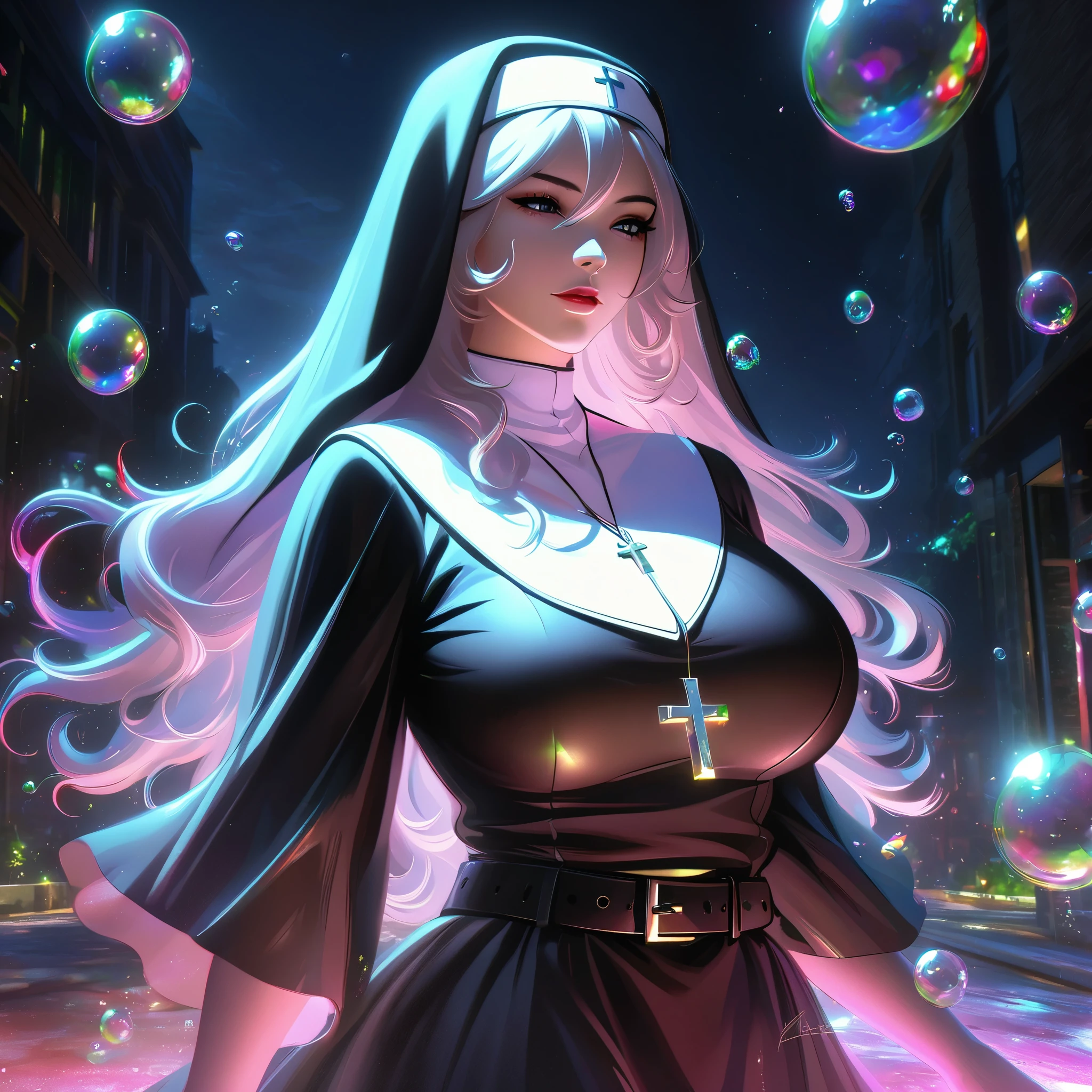 (chiaroscuro,Ray tracing)，ridiculous, annie.Hathaway, alone, nun uniform，black turban，black robe, belt, Cross necklace，outdoor, Volumetric lighting, Tone mapping, sharp focus，Wrapped in huge bubbles(beauty)，big breasts，night，Kaneko，Pink，green，glass texture、 Gradient translucent glass melt