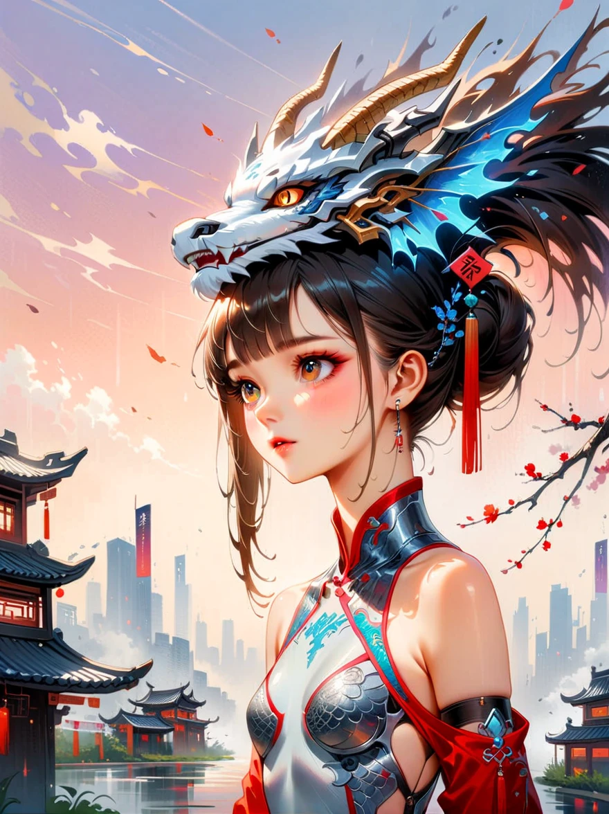 Obras de mestres de estilo chinês，(melhor qualidade, 4K, alta resolução, Obra de arte:1.2)，Super detalhado，realista，brilhando，pintura a tinta tradicional chinesa, ramos de salgueiro, Wu Chang Shuo, ((Obra de arte)), melhor qualidade, ilustração, 1 garota, seios pequenos, lindos olhos detalhados, bela cidade cyberpunk detalhada, peito achatado, lindo cabelo detalhado, cabelo ondulado, bela rua detalhada, roupas mecânicas, garota robô, movimento legal, body prateado, (filigrana), asas de dragão, fundo colorido, Um dragão está atrás da garota, dias chuvosos, {Efeito Relâmpago}, bela armadura de dragão prateada detalhada, (cara fria)，composição，Cores deslumbrantes，Efeitos visuais impressionantes，aparência sobrenatural，arte fascinante