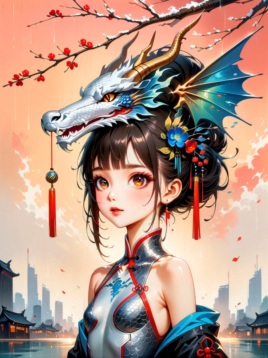 Works of Chinese style masters，(best quality, 4K, high resolution, masterpiece:1.2)，Super detailed，lifelike，shining，Traditional Chinese ink painting, willow branches, Wu Changshuo, ((masterpiece)), best quality, illustration, 1 girl, small breasts, beautiful detailed eyes, beautiful detailed cyberpunk city, flat chest, beautiful detailed hair, wavy hair, beautiful detailed street, mecha clothes, robot girl, cool movement, silver bodysuit, (filigree), dragon wings, colorful background, a dragon stands behind the girl, rainy days, {lightning effect}, beautiful detailed silver dragon armor, (cold face)，composition，Dazzling colors，Stunning visual effects，otherworldly appearance，Fascinating artistry