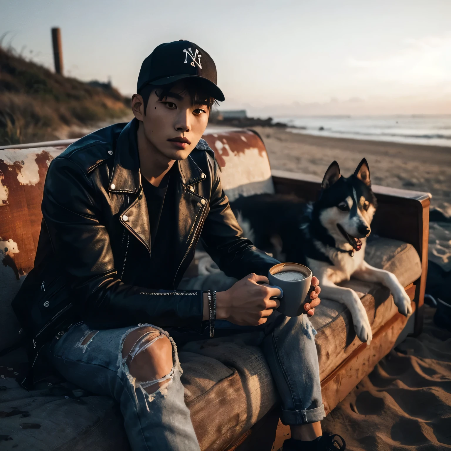 caméra grand angle, un homme coréen avec un chapeau noir ny, portant des vestes en cuir et un jean déchiré, assis sur un canapé, un vieux canapé brûlé, apporter une tasse de café avec la main gauche, un husky à droite, relaxant, sur la plage, atmosphère calme avec le coucher de soleil clair sans smog, assis face à la plage sur l'herbe, Portrait cinématographique, shooting publicitaire, en regardant la caméra