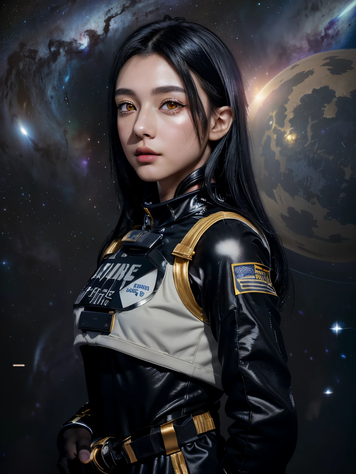 (8k), (highest quality), (best details）space base、Milky Way、jet black hair、Shining golden eyes、tattoo、There&#39;s a cute French girl、Black Space Suit、unlimited、white skin、die