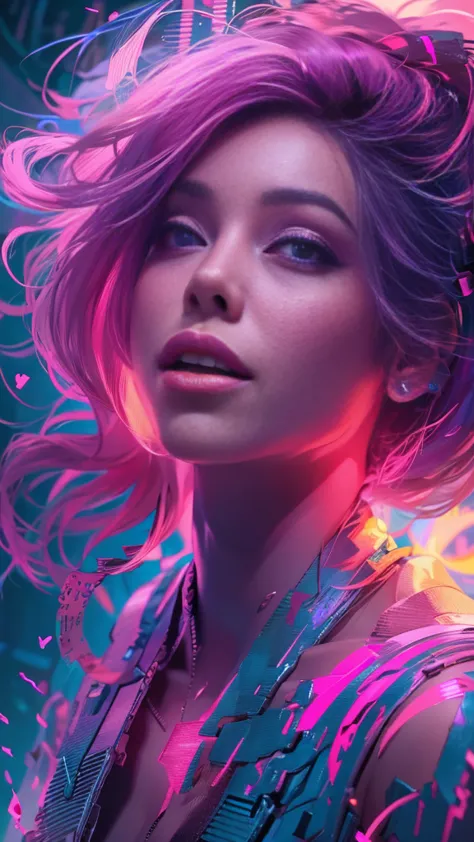 A portrait of beautifully stunning woman, fair skin, pink hair, surrounded by a swirling nanodusty plasma in electric blue and v...