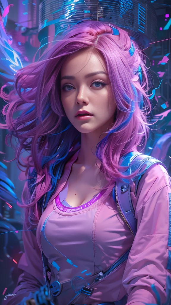 A portrait of beautifully stunning woman, fair skin, pink hair, surrounded by a swirling nanodusty plasma in electric blue and vibrant purple, vibrant colors, digital painting, trending in Artstation, cinematic lighting, and dynamic composition.A portrait of beautifully stunning woman, fair skin, purple hair, surrounded by a swirling nanodusty plasma in electric blue and vibrant purple, vibrant colors, digital painting, trending in Artstation, cinematic lighting, and dynamic composition.,perfect composition. 