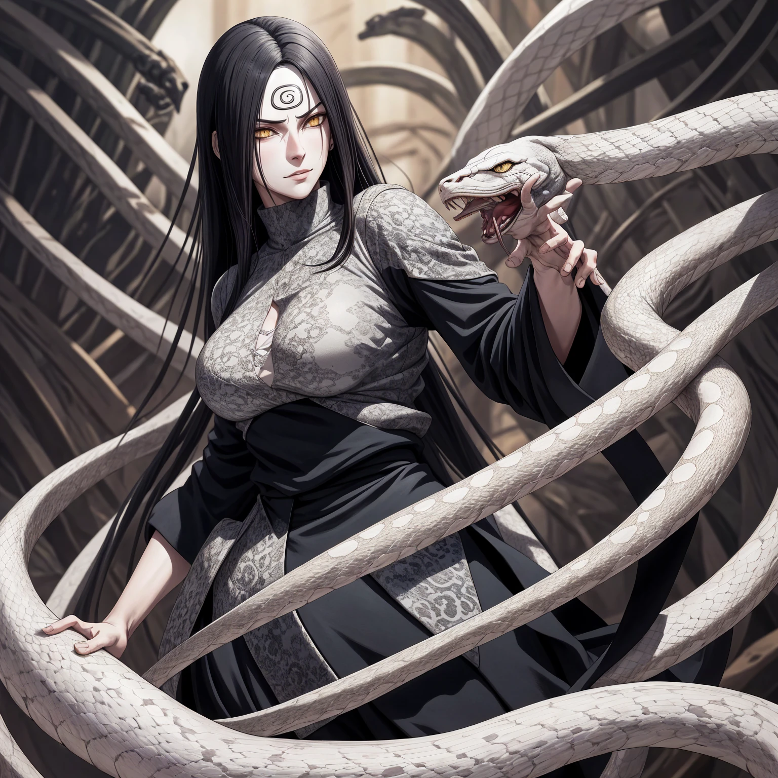 {-erro_de_anatomia:1.0} estilo anime, Masterpiece, absurdities, Orochimaru\(Naruto\), 1girl Solo, Mature woman, Oversized shirt with broad shoulders, Perfect composition, Detailed lips, large breasts, Beautiful face, body proportion, Blush, Long black hair, ( black hair), yellow eyes, Soft gauze, Super realistic, Detailed, photo shoot, Realistic faces and bodies, masterpiece, best quality, best ( white snake) illustration, hyper detailed, 1 girl, solo, glamorous, blushing, whole body, 