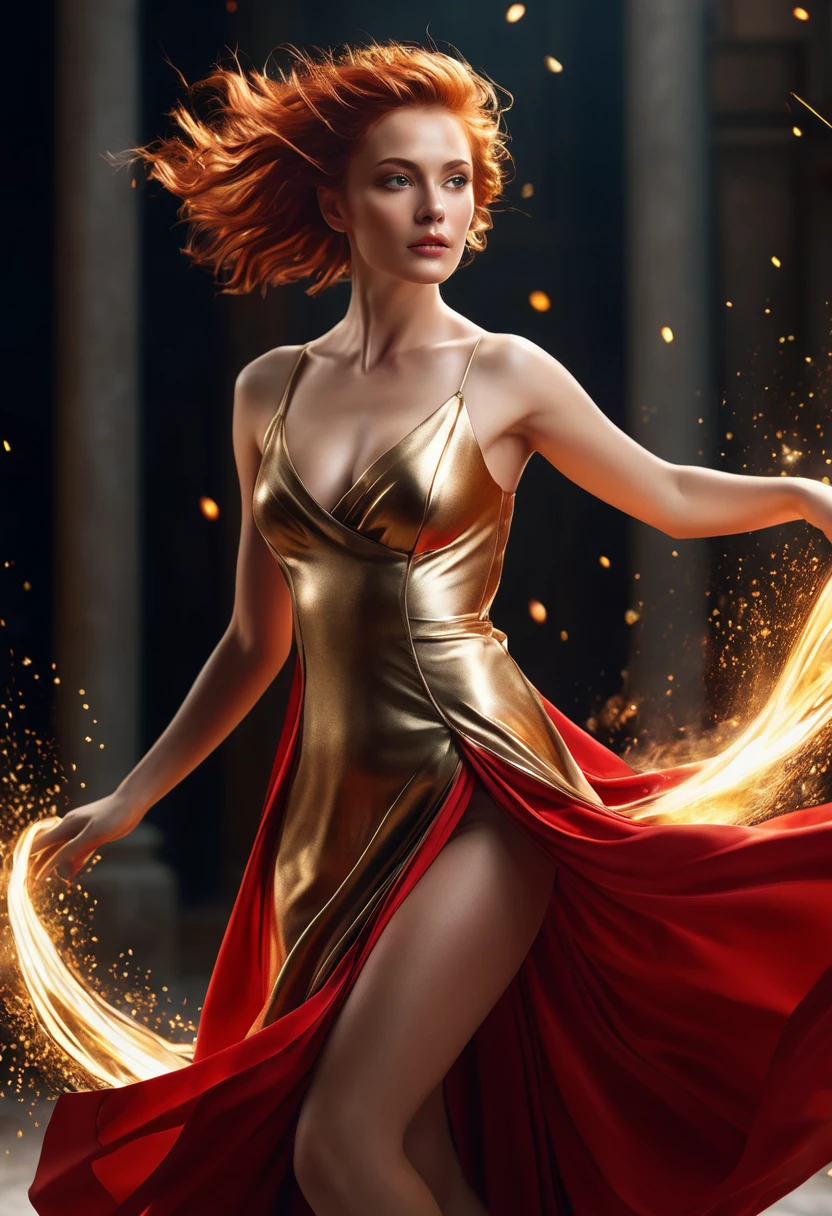 Raw photo, 1 Mage_woman, masterpiece, highest quality, Dynamic Position, super detailed, (fire_dress), fluid movement, Light traces, dramatic lighting, Red Tone, small breasts, short red hair, Photorealistic, Hyperrealistic, very detailed, analog style, fine skin, matte skin, soft lighting, Scattered beneath the surface, realistic, heavy shadow, masterpiece, highest quality, ultra realistic, 8K, golden ratio, Complex, high detail, film photography, soft focus, fashion