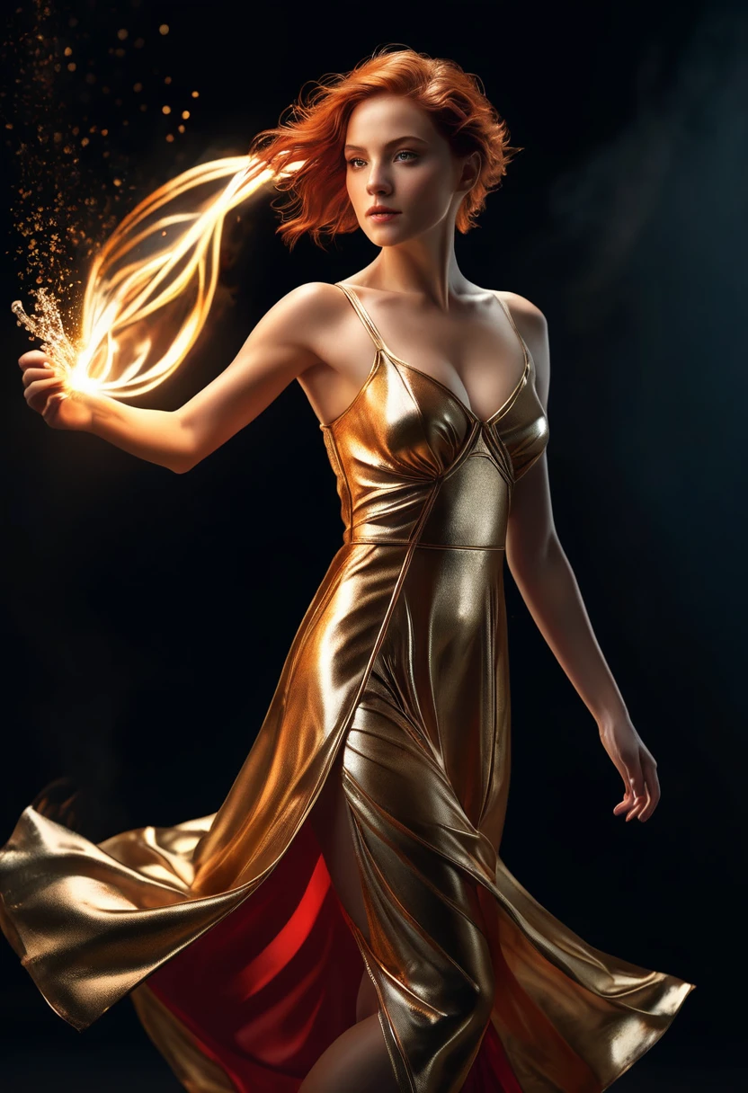 Raw photo, 1 Mage_woman, masterpiece, highest quality, Dynamic Position, super detailed, (fire_dress), fluid movement, Light traces, dramatic lighting, Red Tone, small breasts, short red hair, Photorealistic, Hyperrealistic, very detailed, analog style, fine skin, matte skin, soft lighting, Scattered beneath the surface, realistic, heavy shadow, masterpiece, highest quality, ultra realistic, 8K, golden ratio, Complex, high detail, film photography, soft focus, fashion