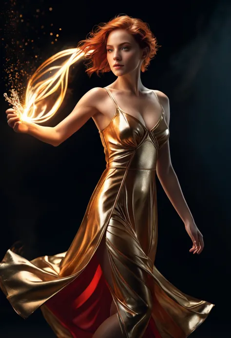 Raw photo, 1 Mage_woman, masterpiece, highest quality, Dynamic Position, super detailed, (fire_dress), fluid movement, Light tra...