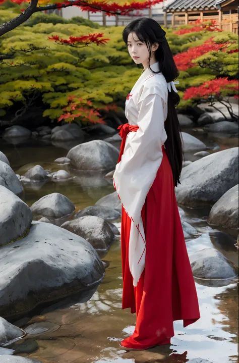 1girl, Kikyo, skinny, sidelocks, blunt_tresses, red_hakama, miko dress,  elegant,traditional japanese clothes, , looking_at_view...