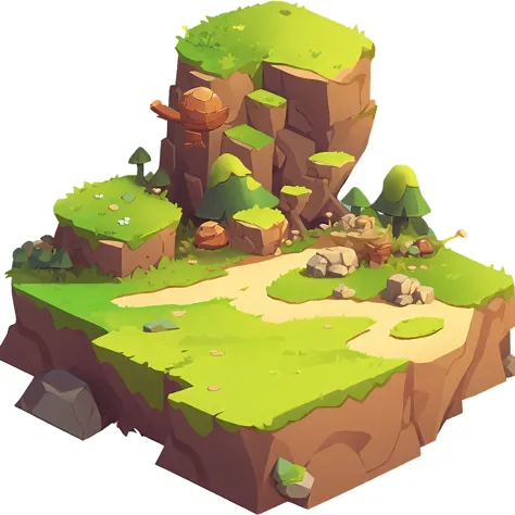 Cartoon low polygonal landscape with rocks, trees, and a path, Isometric game art, isometric game assets, Isometric 2D Game Art,...