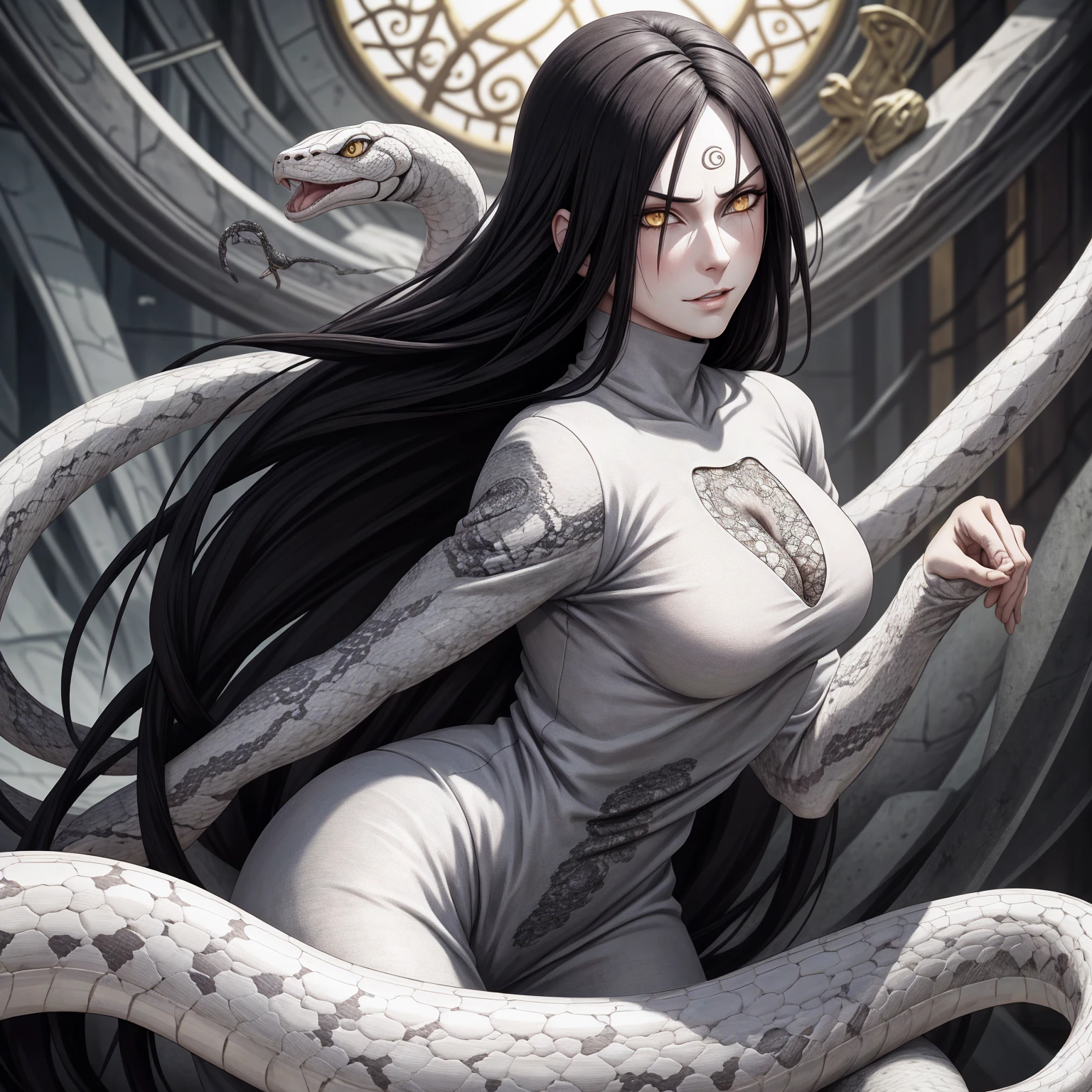 {-erro_de_anatomia:1.0} estilo anime, Masterpiece, absurdities, Orochimaru\(Naruto\), 1girl Solo, Mature woman, Oversized shirt with broad shoulders, Perfect composition, Detailed lips, large breasts, Beautiful face, body proportion, Blush, Long black hair, ( black hair), yellow eyes, Soft gauze, Super realistic, Detailed, photo shoot, Realistic faces and bodies, masterpiece, best quality, best ( white snake) illustration, hyper detailed, 1 girl, solo, glamorous, blushing, whole body, 