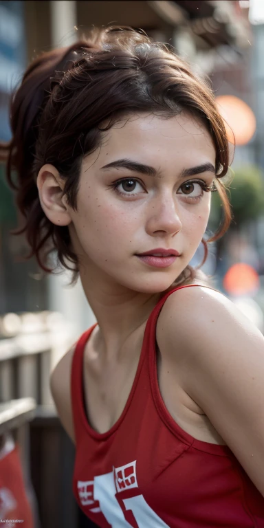 Photo of a 15-year-old European girl, .RAW, beautiful woman, (Light brown hair with ponytail hairstyle ), Ponytail hairstyle ((portrait)), ((detailed face:1.2)), ((detailed facial features)), (finely detailed skin), red basketball uniform , red and white band around the head, sports shoes with freckles on cheeks and chest ,park, london ferris wheel、revealing clothing , erotic clothes、big breasts , big breasts , big smile (cool color), humid, humid, Reflectors, (Tabletop) (perfect proportions)(Realistic photos)(The best quality) (detailed) photographed with a Canon EOS R5, 50mm lens, f/2.8, NffSW, (8k) (wallpaper) (cinematic lighting) (Dramatic lighting) (Sharp focus) (Convoluted) ,  Whole body, beautiful woman body , game pose