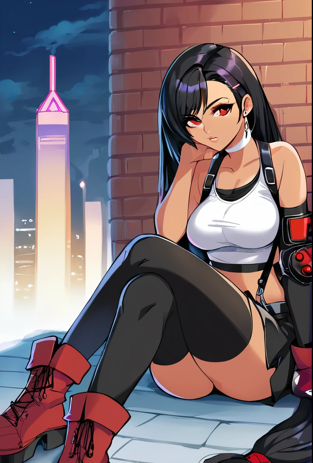 Score_9, score_8_up, score_7_up, score_6_up,  gyaru, source_anime, 1girl, solo, white background,  brick wall backdrop, upper body, looking at viewer, BREAK, earrings, BREAK, thin pink lips, tanned skin, pink makeup,  ribbed sweater, fur trim, bare shoulders, off shoulder, white choker, hairclip, tifa lockhart, final fantasy vii remake, 1girl, ankle boots, black hair, black skirt, black thighhighs, boots, breasts, cityscape, crop top, elbow gloves, elbow pads, fingerless gloves, full body, gloves, head rest, lips, long hair, looking at viewer, low-tied long hair, medium breasts, nose, red eyes, red footwear, signature, single elbow pad, sitting, skirt, solo, sports bra, suspender skirt, suspenders, tank top, thighhighs, white tank top, midgar, green light, night, 