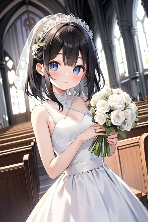 {{{masterpiece}}}, {{{highest quality}}}, {{Super detailed}}, {NSFW}, {{very delicate and beautiful、　beautiful and detailed eyes}},black hair、medium hair、Small Curve 1.2、cute 、Wedding dress、church background、Holding a bouquet in both hands、smile、、blush、please shut your mouth、、cinematic angle:1.5、