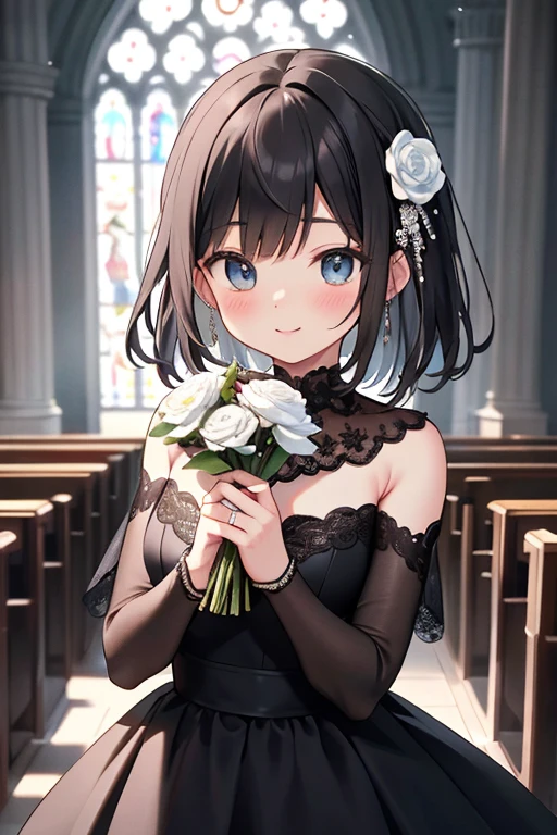 {{{masterpiece}}}, {{{highest quality}}}, {{Super detailed}}, {NSFW}, {{very delicate and beautiful、　beautiful and detailed eyes}},black hair、medium hair、Small Curve 1.2、cute 、Wedding dress、church background、Holding a bouquet in both hands、smile、、blush、please shut your mouth、、cinematic angle:1.5、