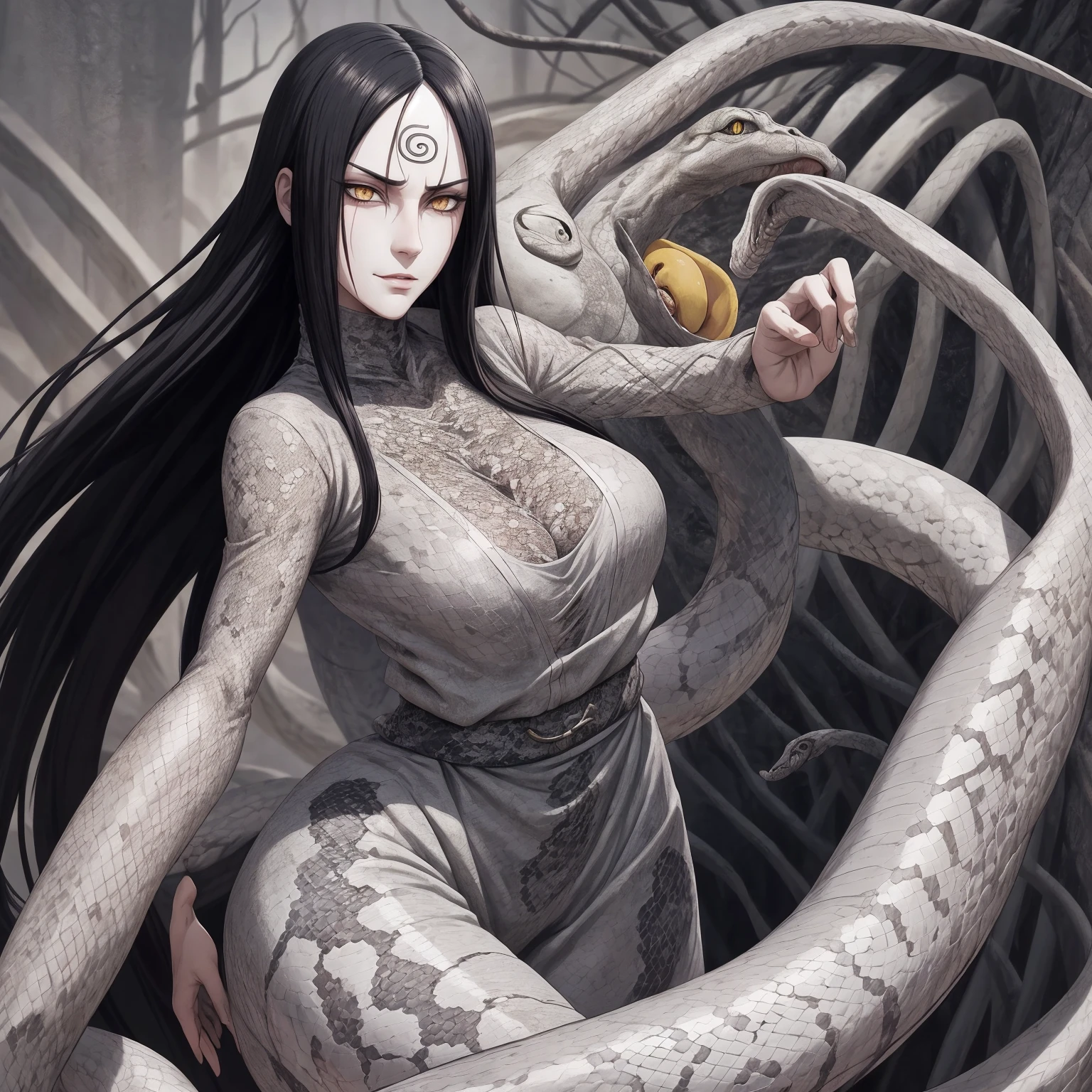 {-erro_de_anatomia:1.0} estilo anime, Masterpiece, absurdities, Orochimaru\(Naruto\), 1girl Solo, Mature woman, Oversized shirt with broad shoulders, Perfect composition, Detailed lips, large breasts, Beautiful face, body proportion, Blush, Long black hair, ( black hair), yellow eyes, Soft gauze, Super realistic, Detailed, photo shoot, Realistic faces and bodies, masterpiece, best quality, best ( white snake) illustration, hyper detailed, 1 girl, solo, glamorous, blushing, whole body, 