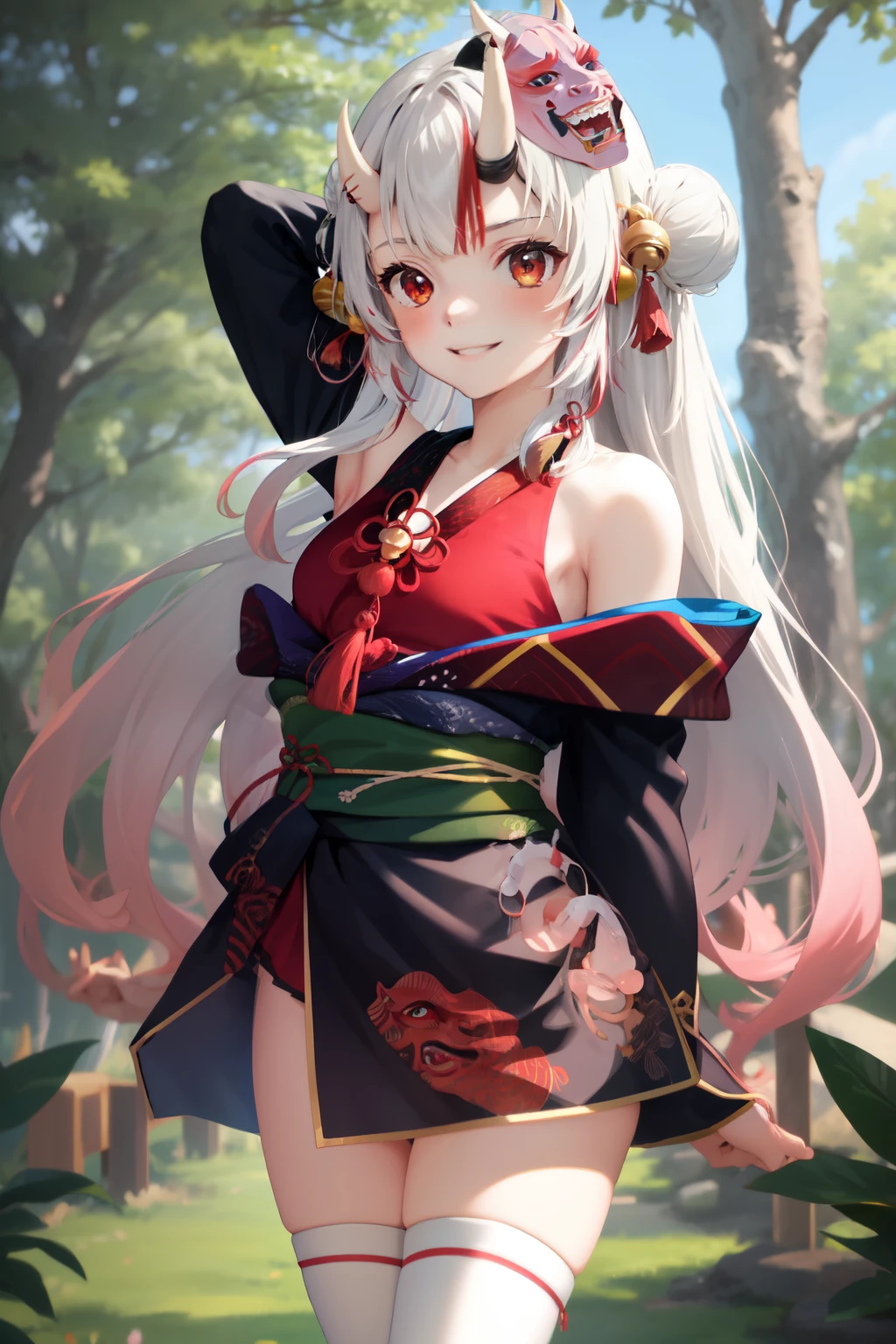 masterpiece, best quality, absurdres, perfect anatomy, 1girl, solo, Nakiri Ayame, long hair, double bun, AyameBase, black kimono, hair bell, obi, white thighhighs, bare shoulders, long sleeves, oni mask, mask on head, outdoors, standing, sakura tree, arms behind back, smile