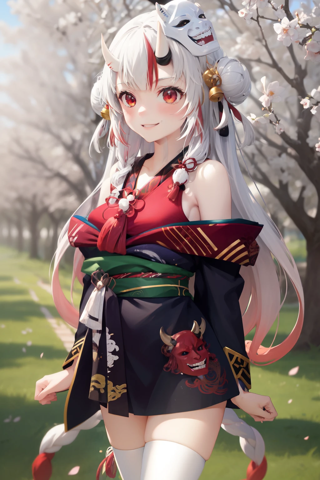 masterpiece, best quality, absurdres, perfect anatomy, 1girl, solo, Nakiri Ayame, long hair, double bun, AyameBase, black kimono, hair bell, obi, white thighhighs, bare shoulders, long sleeves, oni mask, mask on head, outdoors, standing, sakura tree, arms behind back, smile