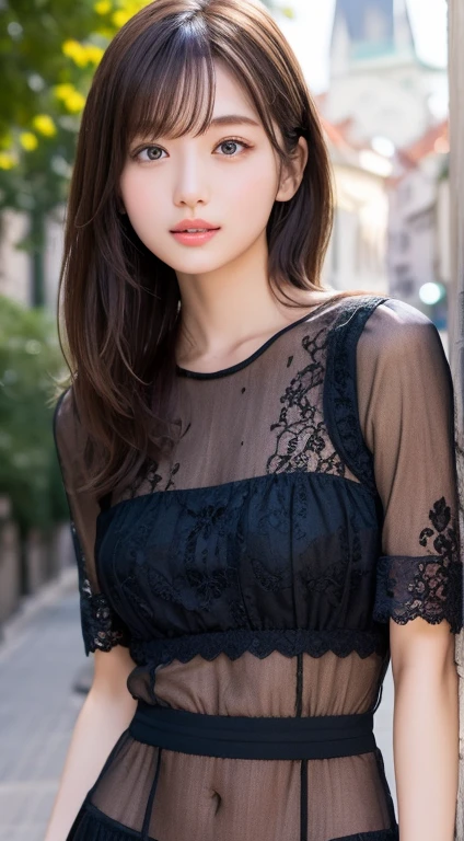 (happy expression:1.26)、Raw photo、(((Ultimate beauty full body photo shoot)))、((glowing skin))、1 girl、17 year old beautiful girl from Prague、bright look、((brown haired))、Black lace dress、lean forward、big breasts thin waist、thin thighs、rich bust、Wink at viewers、short sleeve、((Big eyes that shine like jewels))、Glossy, glowing skin、(medium hair:1.2)、no makeup、beautiful bangs、hair between eyes、最high quality、Super detailed、film light、intricate details、High resolution、very detailed))、detailed background、8KUHD、Digital single-lens reflex camera、soft light、high quality、film grain、Fujifilm XT3 、shallow depth of field、natural soft light、Kamimei、Prague cityscape