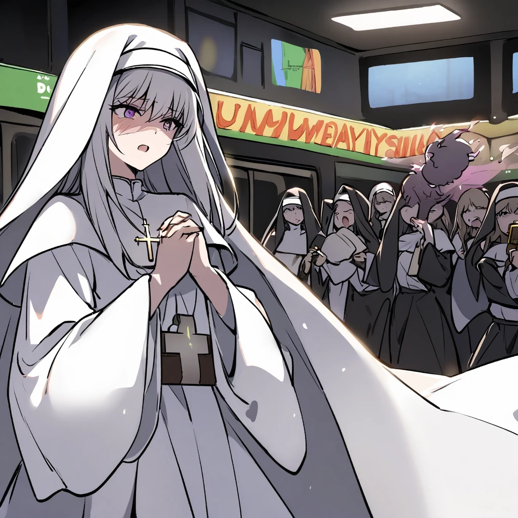 Evil supernatural creatures flee, a spreading light chases away the darkness, at the lights center is a lovely catholic nun holding a cross and bible emitting holy energy as she chants, subway