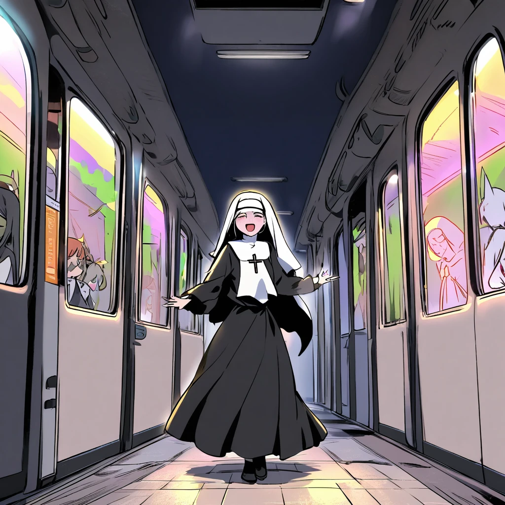 Evil supernatural creatures flee, a spreading light chases away the darkness, at the lights center is a lovely catholic nun holding a cross and bible emitting holy energy as she chants, subway