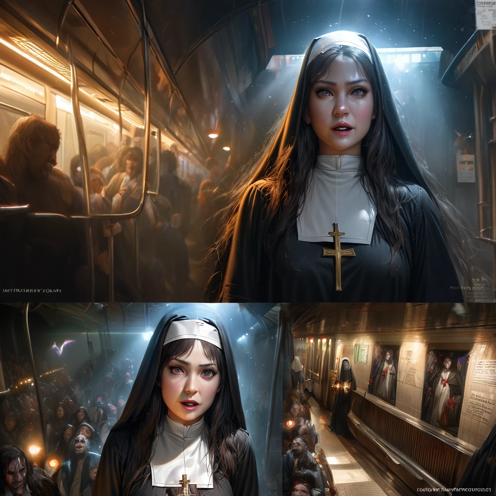 A spreading light, evil supernatural creatures fleeing, at the light's center is a lovely Catholic nun holding a cross and a bible, emitting holy energy as she chants, in a subway. (best quality, 4k, highres, masterpiece:1.2), ultra-detailed, (realistic, photorealistic:1.37), HDR, studio lighting, extreme detail description, professional, vivid colors, bokeh, portraits, horror, subway, evil supernatural creatures, spreading light, lovely Catholic nun, cross, bible, holy energy, chanting