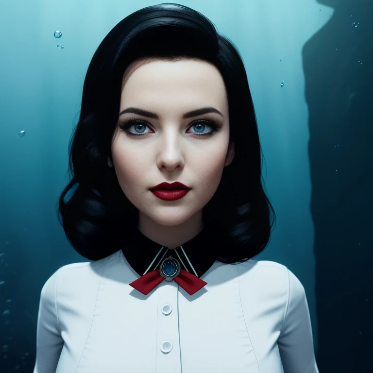 Elizabeth comstock, white blouse, portrait, beautiful smirk, underwater city, red lipstick, cleavage (8k, RAW photo, best quality, masterpiece:1.2),ultra-detailed, (high detailed skin:1.2), 8k uhd, dslr, soft lighting, high quality, 