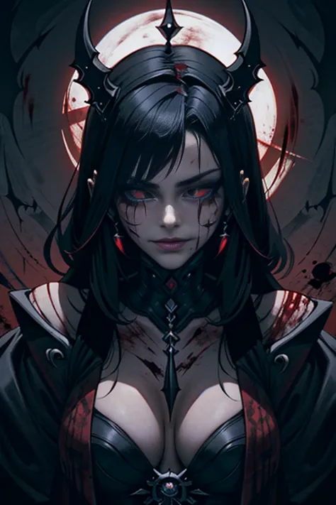 Dark, Creepy, Lilith, low dim lighting, dark chamber, smirk, blood on her face, cultist markings,