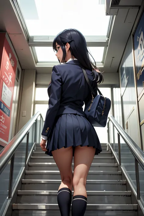 ((highest quality)), ((masterpiece)), (be familiar with),  A high school girl riding an escalator on her way to school、glaring at、navy blazer、mini skirt、navy blue socks、back view、covert photography、(View from directly below)、navy blue socksのクローズアップ、mangaコマ割り、cartoon style、manga、Station escalator、Everybody line up on the left、顔のみのコマとback viewのコマ