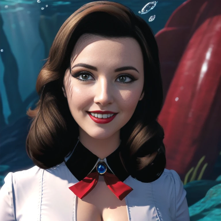 Elizabeth comstock, white blouse, portrait, beautiful smile, underwater city, red lipstick, cleavage (8k, RAW photo, best quality, masterpiece:1.2),ultra-detailed, (high detailed skin:1.2), 8k uhd, dslr, soft lighting, high quality, 