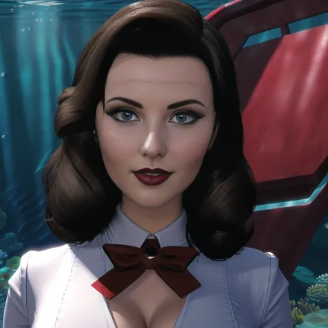 elizabeth comstock, white blouse, portrait, beautiful sexy smirk, underwater city, red lipstick, cleavage (8k, raw photo, best q...