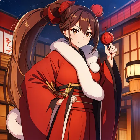 A woman wearing a long fur coat, red Japanese style fur coat, long brown hair, ponytail hair, brown eyes, in a traditional Japan...
