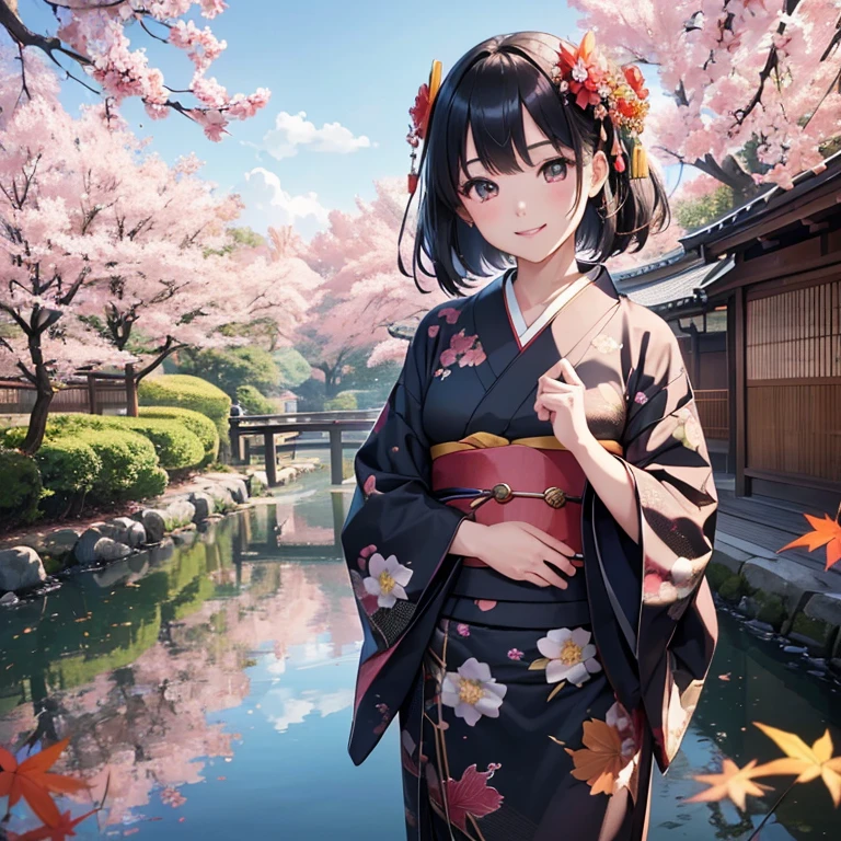 (Super beautiful woman wearing a kimono)、((highest quality、8K masterpiece:1.3))、sharp focus:1.2、(super beautiful face:1.0)、(shiny skin:1.0)、realistic pictures、black haired、video writing、High resolution eyes and face、video writing、japanese actress、from the front、Medium chest、with a happy smile、wearing a kimono、under the autumn leaves、highest grade obi