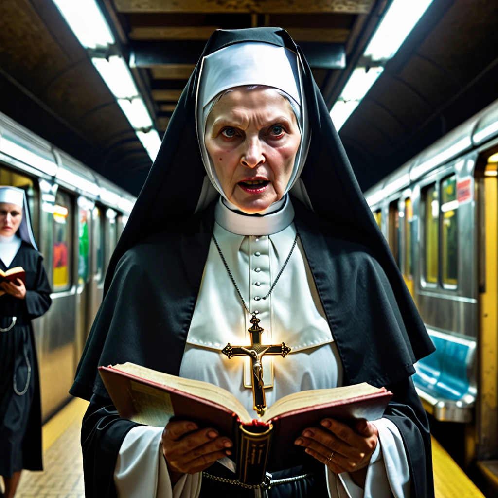 A spreading light, evil supernatural creatures fleeing, at the light's center is a lovely Catholic nun holding a cross and a bible, emitting holy energy as she chants, in a subway. (best quality, 4k, highres, masterpiece:1.2), ultra-detailed, (realistic, photorealistic:1.37), HDR, studio lighting, extreme detail description, professional, vivid colors, bokeh, portraits, horror, subway, evil supernatural creatures, spreading light, lovely Catholic nun, cross, bible, holy energy, chanting